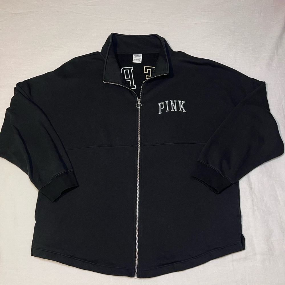 Victorias Secret LOVE PINK Zip-Up Sweatshirt Size XL Black Gold Glitter Patches